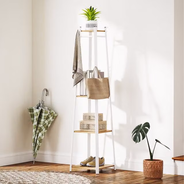 HOMCOM Clothes Rack with 3 Tier Shelf, Clothes Rail and 8 Hooks in Oak