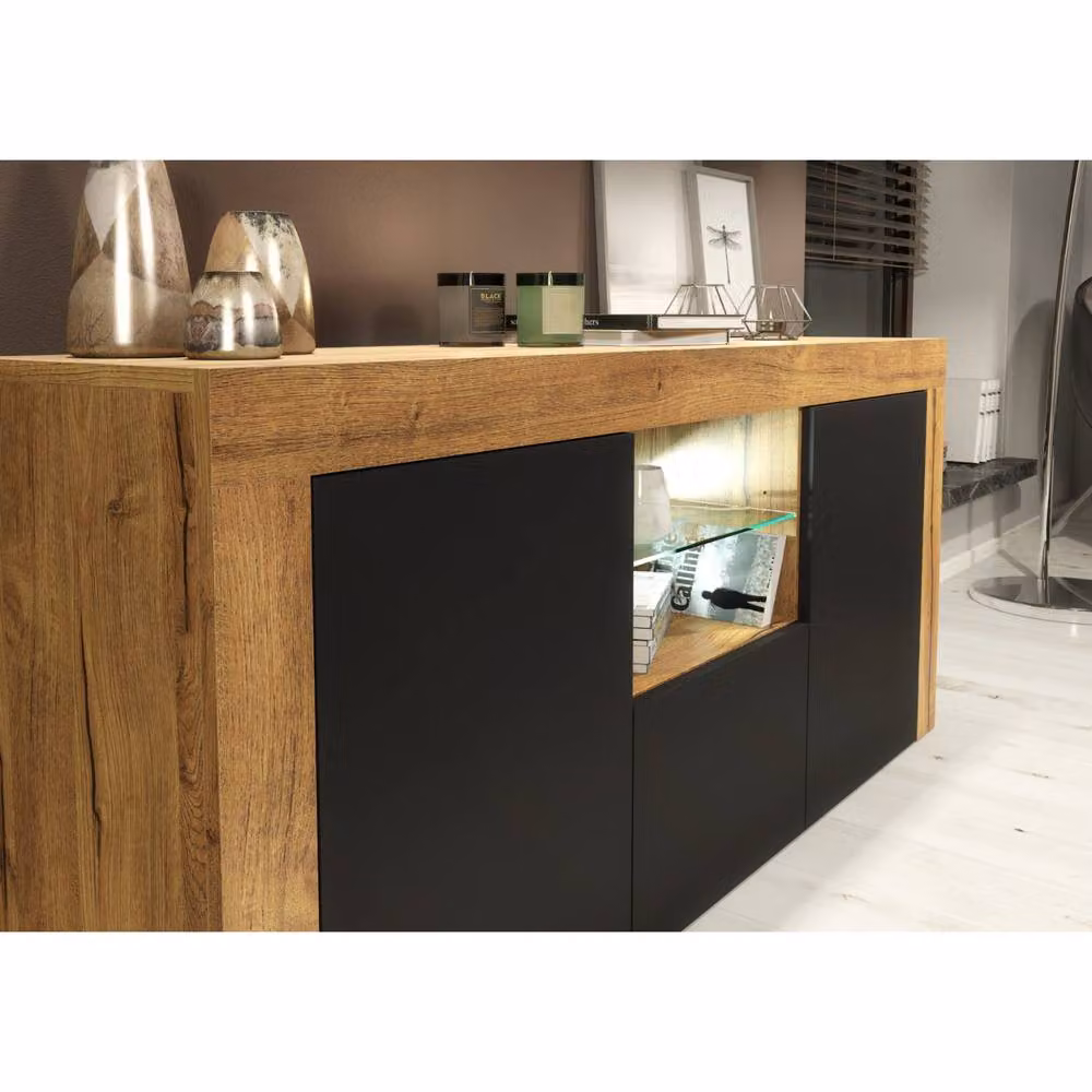 Mex Furniture LTD Aurora Sideboard in Dark Oak and Black Matt with Integrated LED Lighting, W: 145 cm, D: 35 cm, H: 70 cm – 3