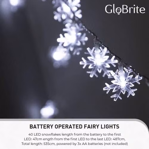 Globrite Warm White Snowflake LED String Lights with 40 LEDs and 2 Modes – 3