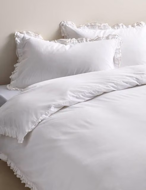 M&S Pure Cotton Double Ruffle Bedding Set in Beige, White and Multicolour, W: 140 cm, L: 200 cm