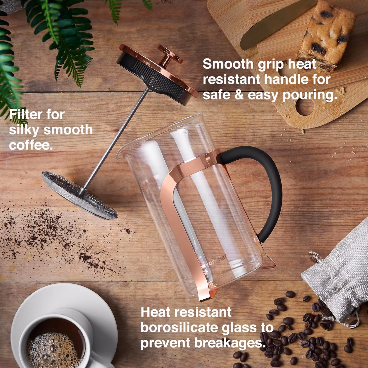 VonShef 1L Heat Resistant Glass French Press Cafetiere in Rose Gold – 3