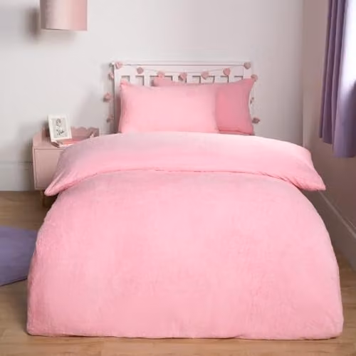 OHS Thermal Soft Teddy Fleece Duvet Cover and Pillowcase Set, Pink, W/D/H: 135 x 200 cm and 50 x 75 cm – 1