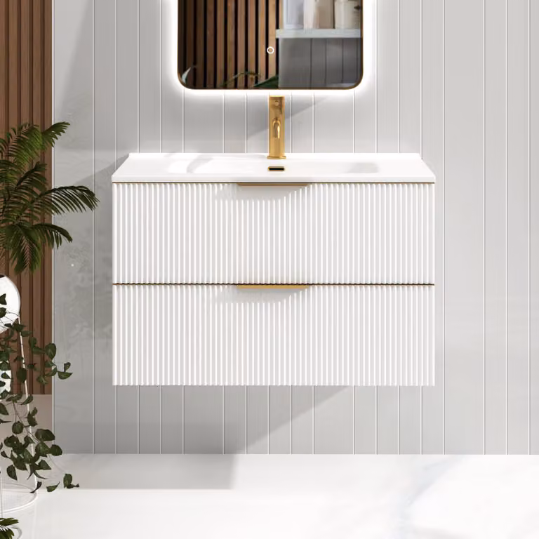Royal Bathrooms Evora 800mm Matt White Fluted Wall Hung Vanity Unit with 2 Drawers, Ceramic Basin and Brushed Brass Handles