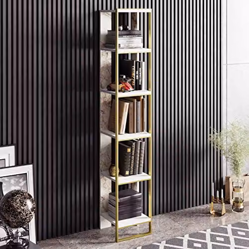 DECOROTIKA Polka Modern Corner Bookcase with White Marble Effect and Gold Accents, H 178 x W 31 x D 31 cm