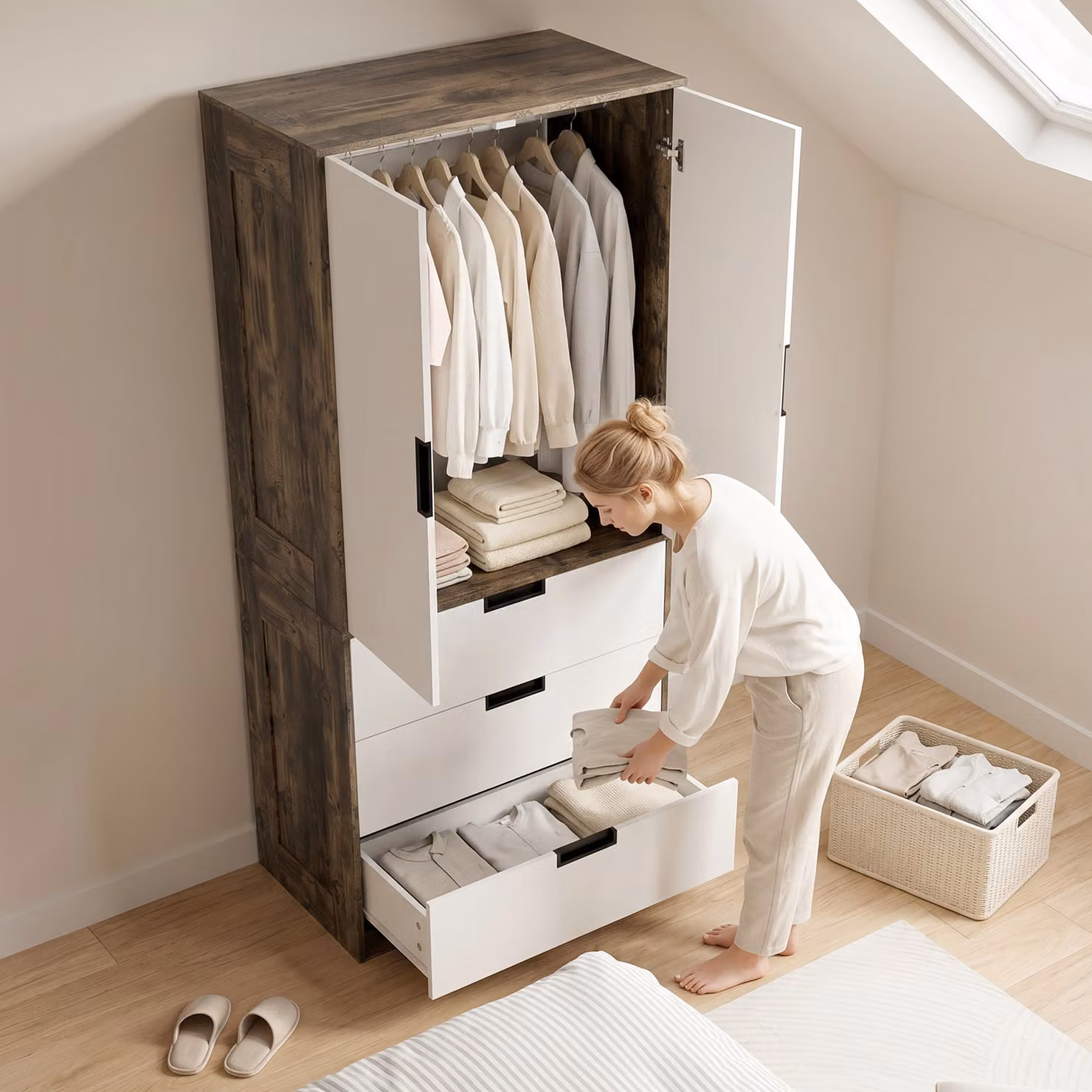 HOMCOM Modern Clothes Storage Cupboard with 2 Doors, 3 Drawers and Hanging Rod, Brown and White – 7