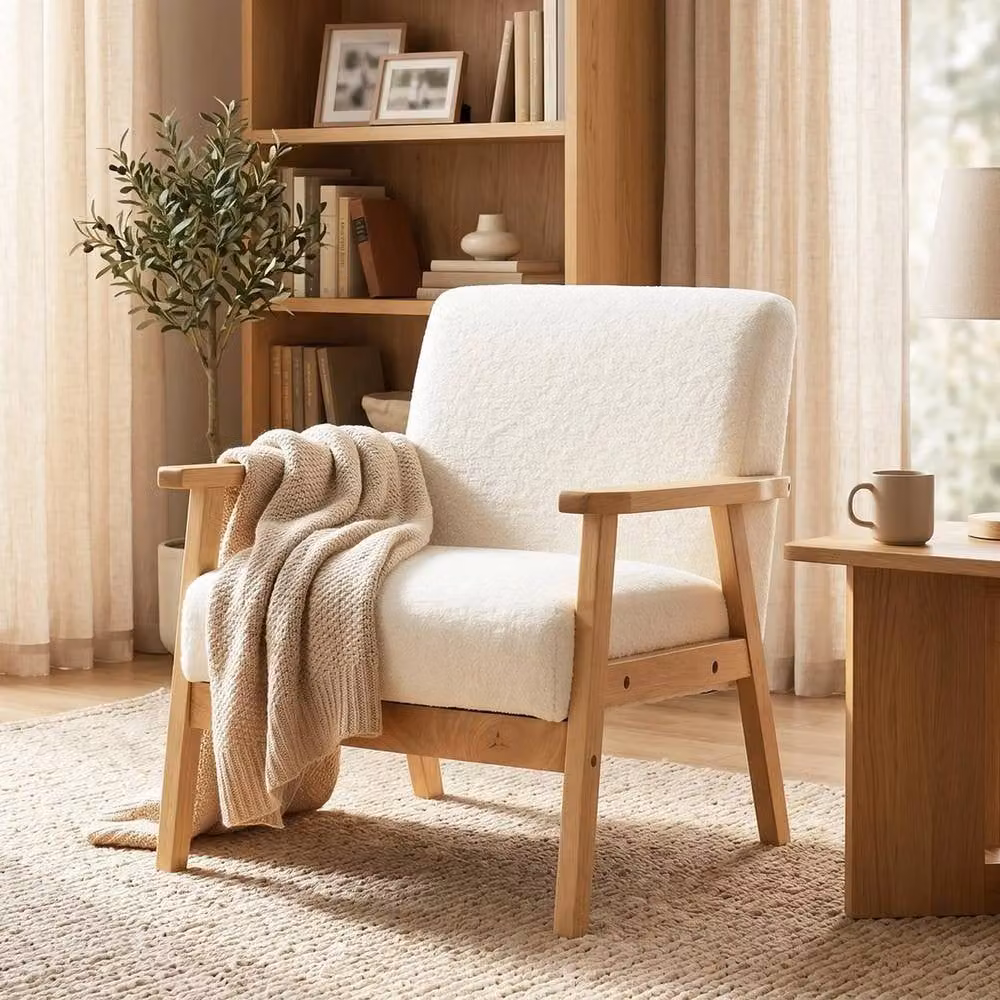 NESTLUNE Minimalist Bouclé Accent Chair with Solid Wood Frame in Beige – 2