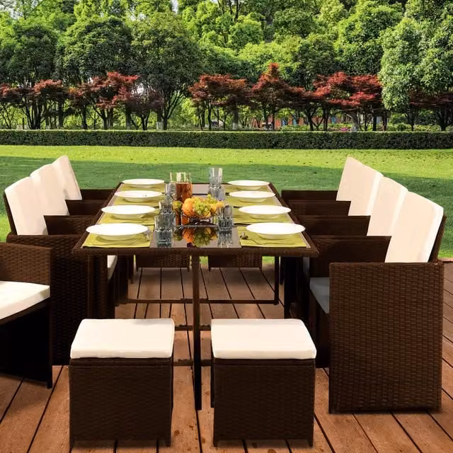 Comfy Living 13 Piece Brown Polyrattan Garden Furniture Set with Glass Top Table