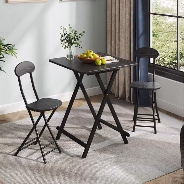 Komore Black Metal Frame Folding Dining Table and 2 Folding Chairs Set