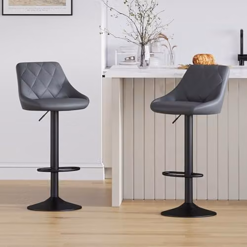 mcc direct Stanley Set of 2 Grey Faux Leather Swivel Bar Stools with Backrest and Metal Base – 2