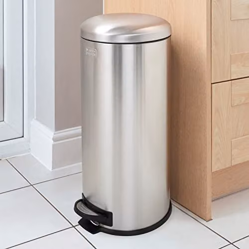 Black+Decker 30 Litre Stainless Steel Dome Kitchen Pedal Bin with Soft Close Lid and Removable Inner Bucket in Silver – 1