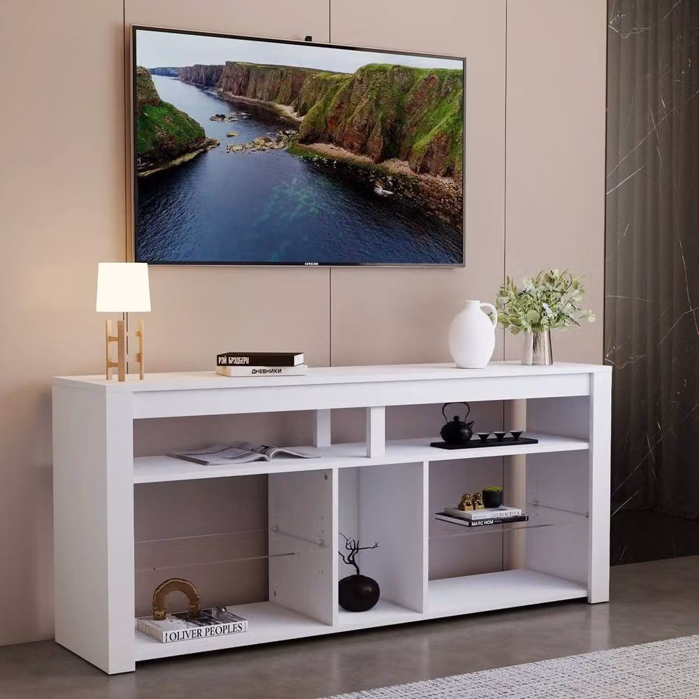 KORVIXA LED Tall Entertainment Center and Media TV Stand for 55 inch Screens in White, W/D/H: 100 x 100 x 100 cm – 3