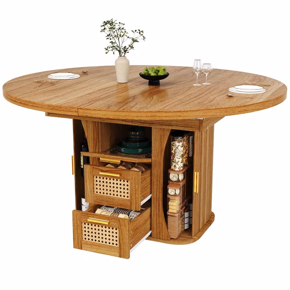 ModernLuxe Extendable Dining Table with Rattan Drawers and Storage, Brown – 3