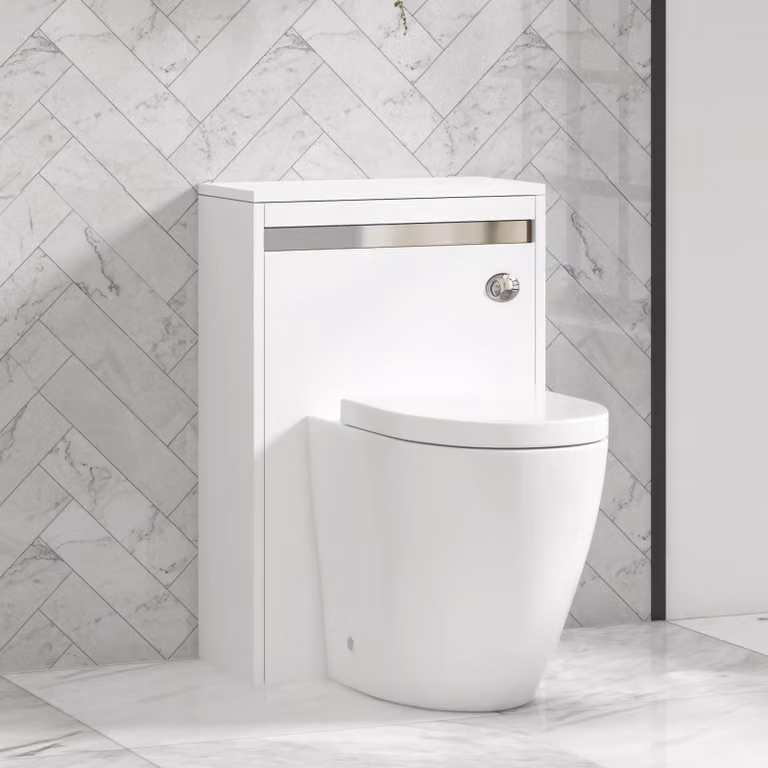 Royal Bathrooms Orion Matt White Back to Wall WC Unit with Elva Rimless Short Projection Ceramic Toilet Pan, Seat and Cistern with Chrome Accent Trim, Width: 54 cm