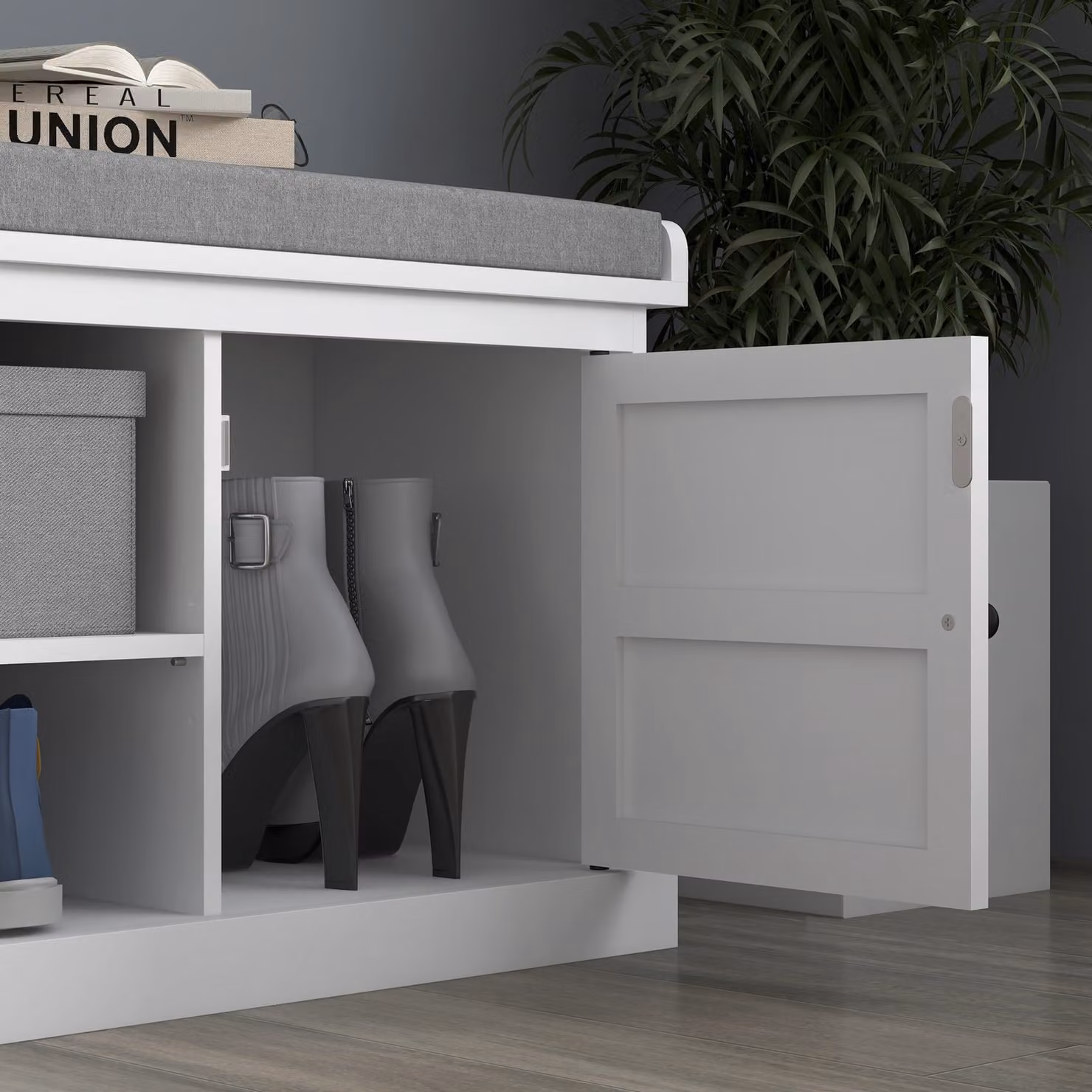 HOMCOM White Shoe Storage Bench with Fabric Cushion, 2 Cabinets and Adjustable Shelf for Hallway, Living Room or Bedroom – 6