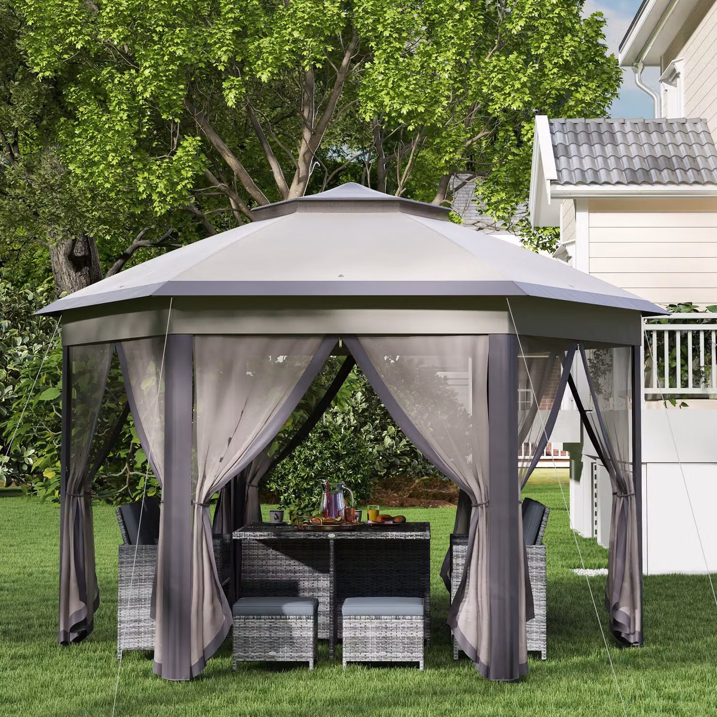 Outsunny Hexagonal Pop-Up Garden Gazebo with Double-Tier Roof and Mosquito Netting, Beige, W: 400 cm, D: 340 cm, H: 285 cm – 6