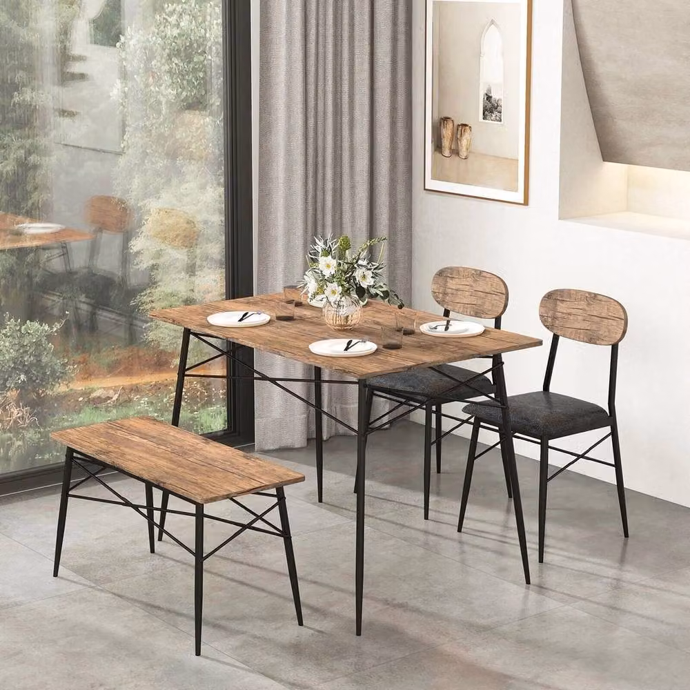 VOGREX 4-Piece Rectangular Industrial Dining Set in Brown and Sand, W/D/H: 110 x 70 x 76 cm – 3