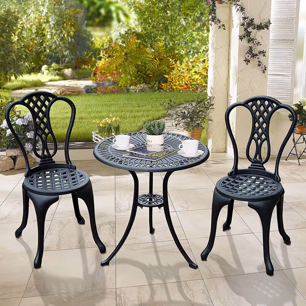 ERGOVEXA 3 Piece Cast Aluminium Bistro Set for Garden, Balcony or Terrace, Black – 5