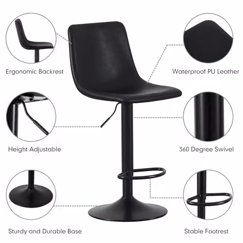 MCC Direct Set of 2 Height Adjustable Swivel Bar Stools with Backrest and Footrest in Black PU Leather – 4