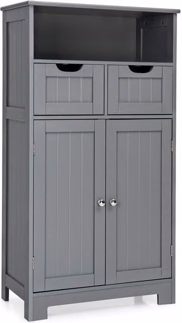 Costway Grey Modern Freestanding Bathroom Floor Cabinet with Hinged Doors and Internal Shelves