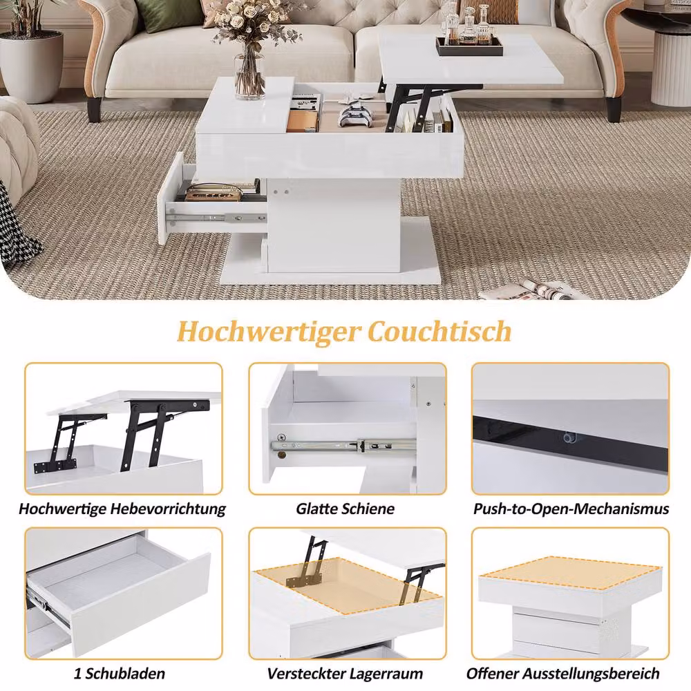 Rolipo White High Gloss Square Lift Top Coffee Table with Rotating Centre and Height Adjustment – 3