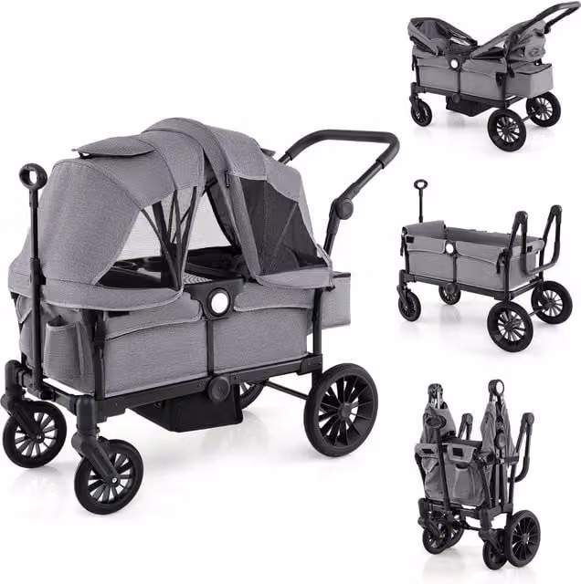 Costway Grey Wagon Stroller for 2 Kids with Adjustable Handle, Suspension and Canopy