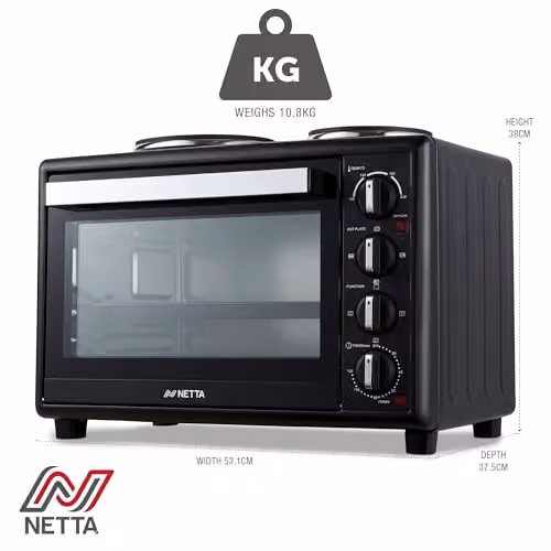NETTA 35L Mini Oven with Double Hotplate and Electric Grill in Black and Silver, 2500W Countertop Cooker with 230°C Temperature Control and Timer – 7