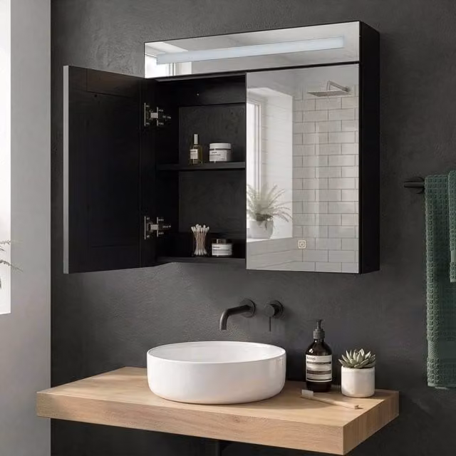 Wyld and Coco Matt Black LED Bathroom Mirror with Integrated Lighting and Internal Shelves, W: 60 cm, H: 60 cm