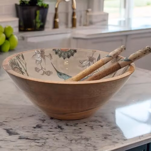 Hartsmede Handmade Mango Wood Serving Bowl Set with Matching Spoons, Beige Floral Design, Diameter: 30.48 cm – 6