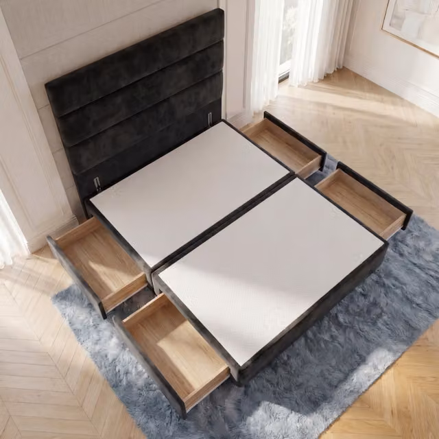 Horizona Black Velvet Upholstered Double Divan Bed Base with Drawers and Floor Standing Headboard W/D/H: 140 x 200 cm