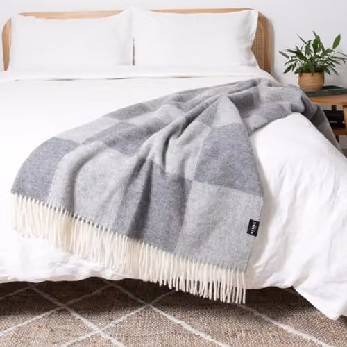 Simply Sheepskin Grey Checkerboard Jacquard Woven New Zealand Wool Blanket, W: 140 cm, L: 200 cm – 2