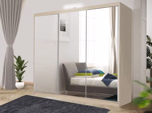 RAC3 Modern Sliding Mirror Wardrobe with LED Lighting and Integrated Drawers in Light Oak, Width: 250 cm