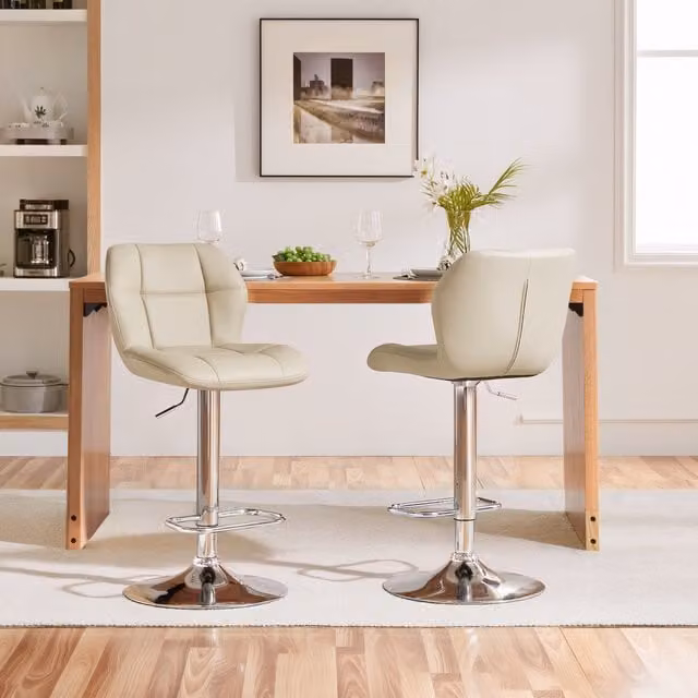 Yaheetech Adjustable Swivel Kitchen Counter Bar Stools in Beige Synthetic Leather and Metal