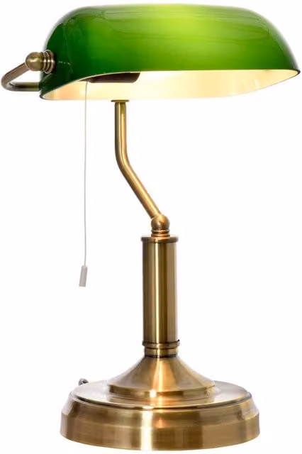 VOGREX Vintage Banker's Table Lamp with Green Glass Shade and Antique Bronze Base – 1