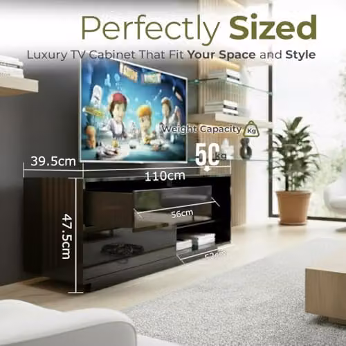 Centurion Gallus Gloss Black TV Stand with 2 Drawers and 3 Shelves for 26-55 inch LED/LCD/Plasma Screens, W: 110 cm, D: 39.5 cm, H: 47.5 cm – 6