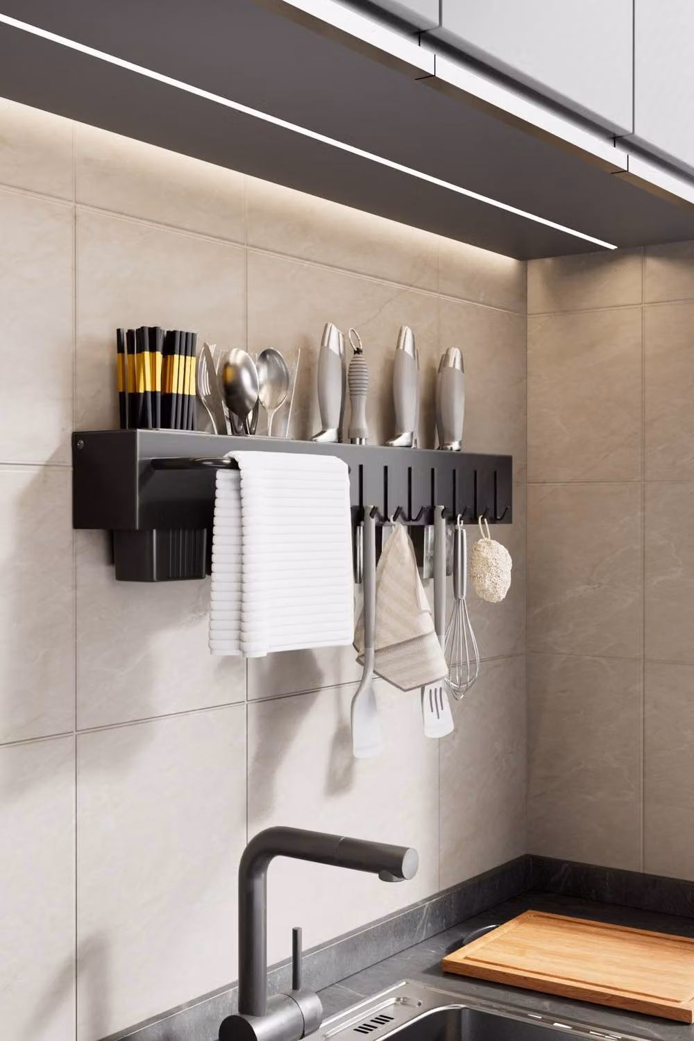 Living and Home Black Metal Wall-Mounted Multi-functional Kitchen Utensil Storage Rack Organiser – 4