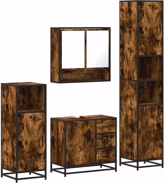 Berkfield Home 4-Piece Industrial Bathroom Furniture Set in Smoked Oak Brown – 1