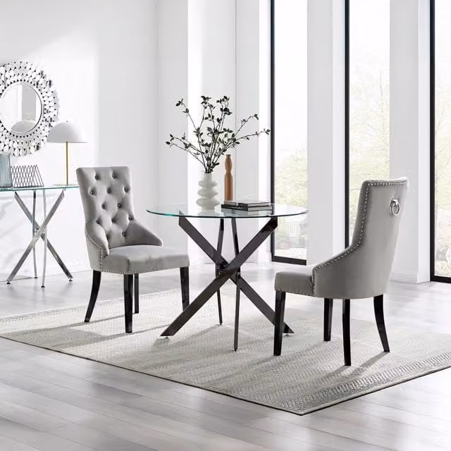 FurnitureboxUK Novara Round Glass Dining Table and 2 Belgravia Chairs in Grey and Black