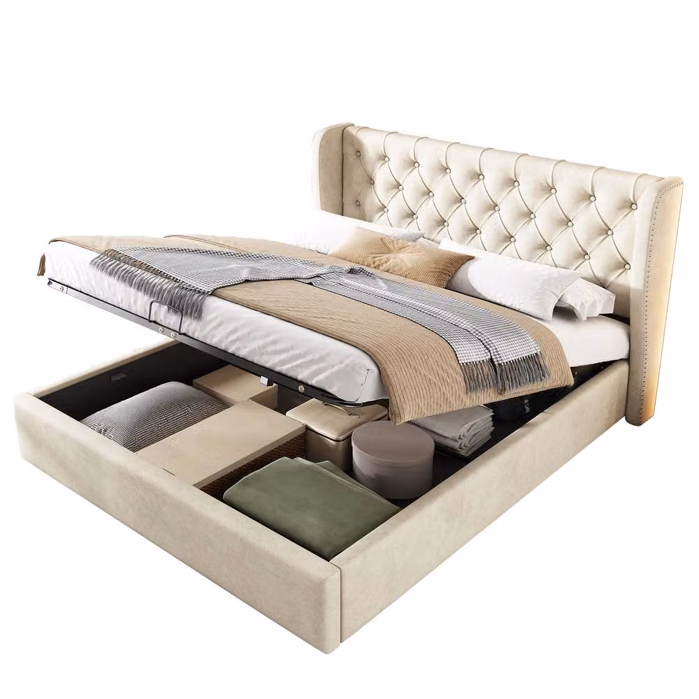 Rolipo Beige Velvet Upholstered Double Bed with Hydraulic Storage W: 135 cm, L: 190 cm – 3