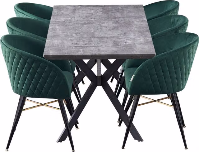 Life Interiors Vittorio Blaze LUX Green Mid-Century Dining Set with Extendable Rectangular Table and 6 Chairs
