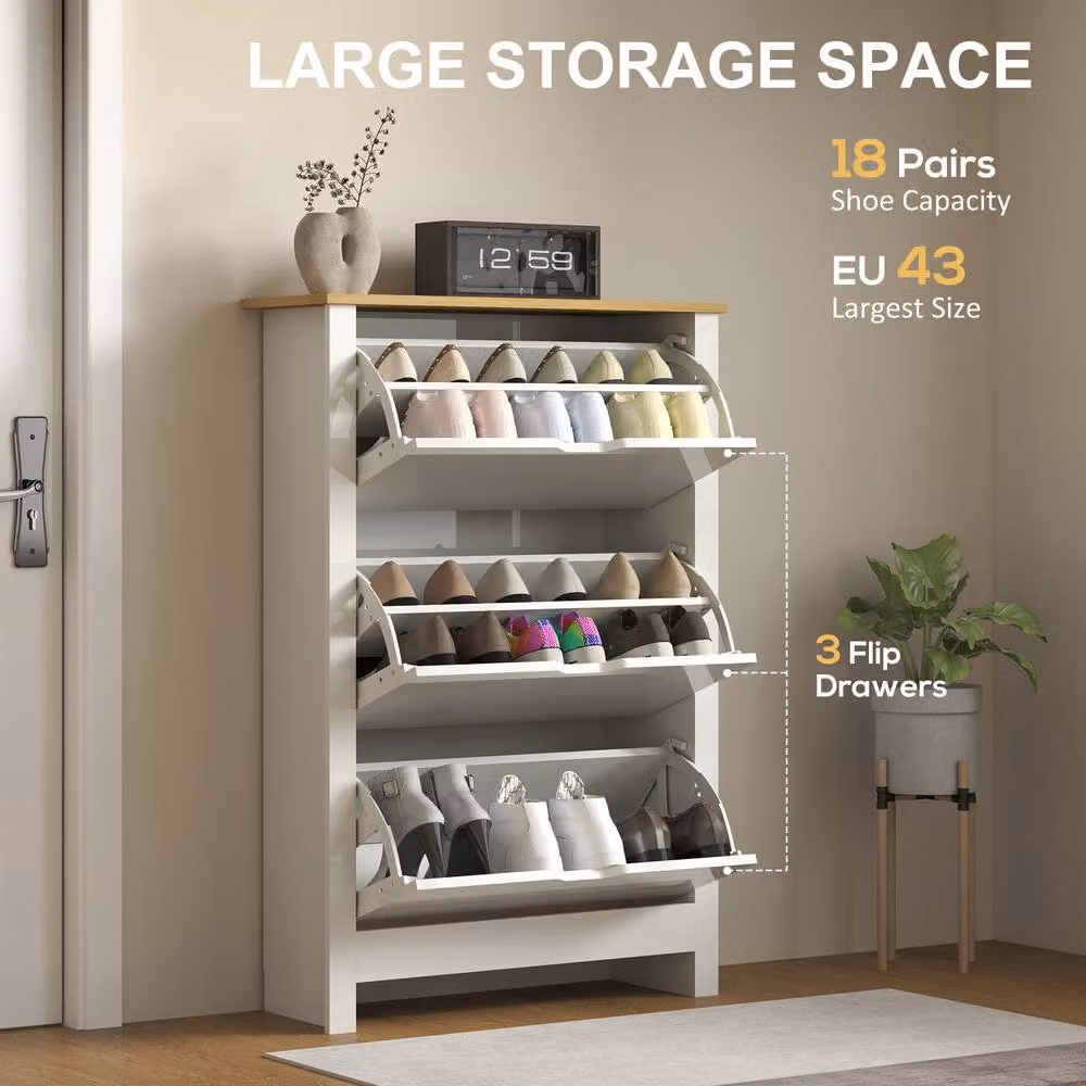 HOMCOM White 18-Shoe Storage Cabinet with 6 Shelves and 3 Drawers – 3