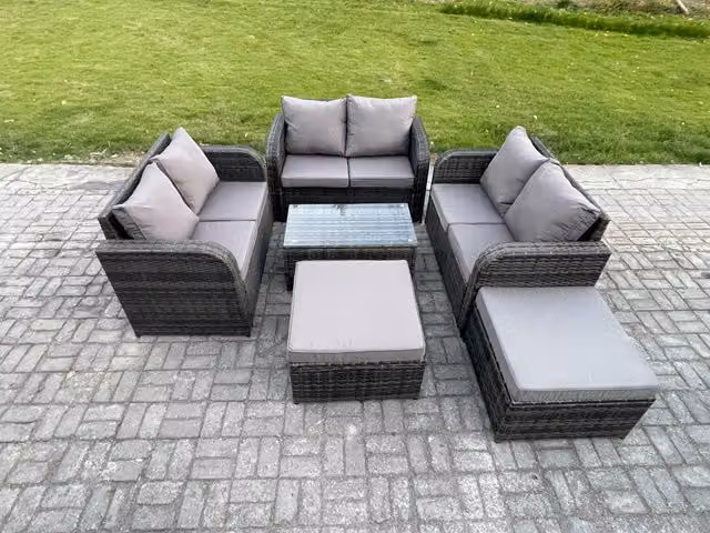Fimous 8 Seater Rattan Garden Furniture Set in Dark Grey with U-Shape Sofa, 2 Seater Sofa, Ottoman and Tempered Glass Coffee Table