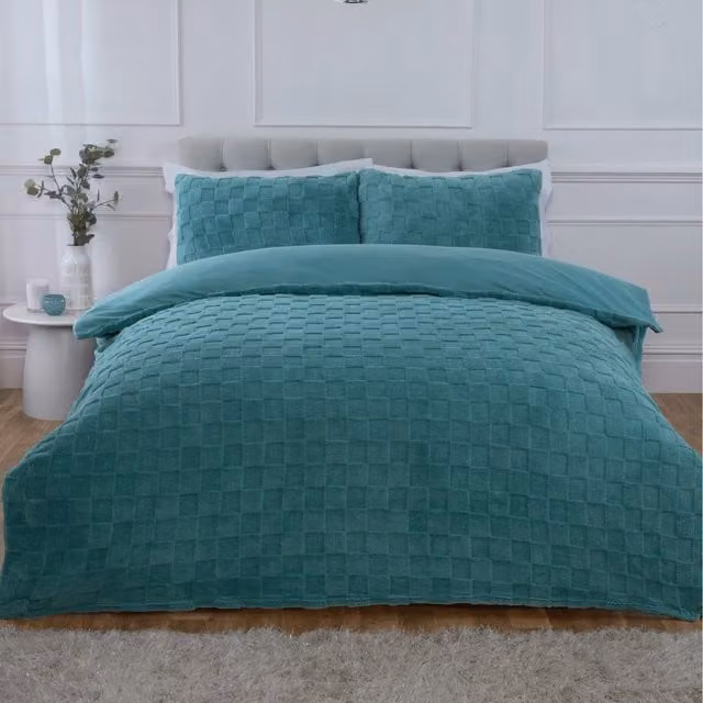 Rapport Home Luxury Checked Teddy Polyester Fleece Duvet Cover and Pillowcase Set in Blue, Beige and Turquoise, Duvet Cover: 140 x 200 cm, Pillowcase: 50 x 75 cm
