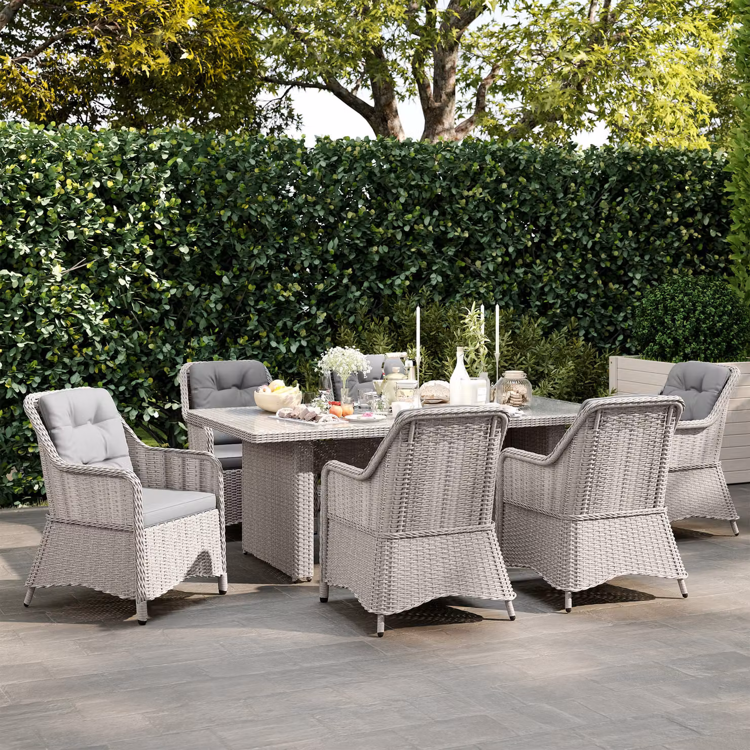 Outsunny 7 Piece Grey PE Rattan Outdoor Dining Set with Powder Coated Aluminium Chairs and Tempered Glass Top Table – 6