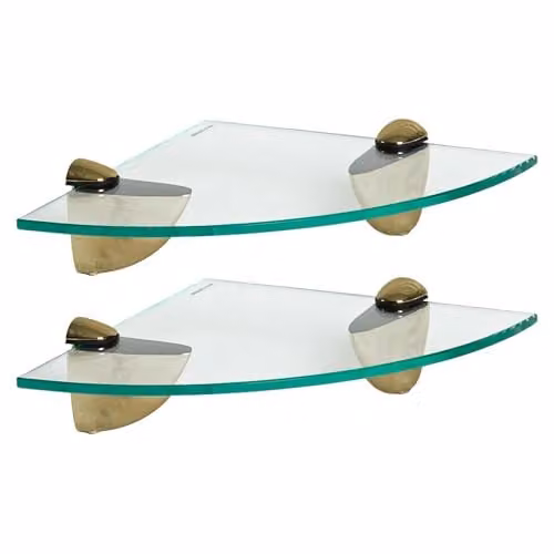 Harbour Housewares 2x Wall-Mounted Floating Glass Corner Shelves in Gold and Transparent, 20 x 20 x 20 cm