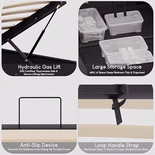 Vida Designs Lisbon King Ottoman Bed Frame in Black Faux Leather with Gas Lift Storage, H 87 x W 157 x D 210 cm – 5
