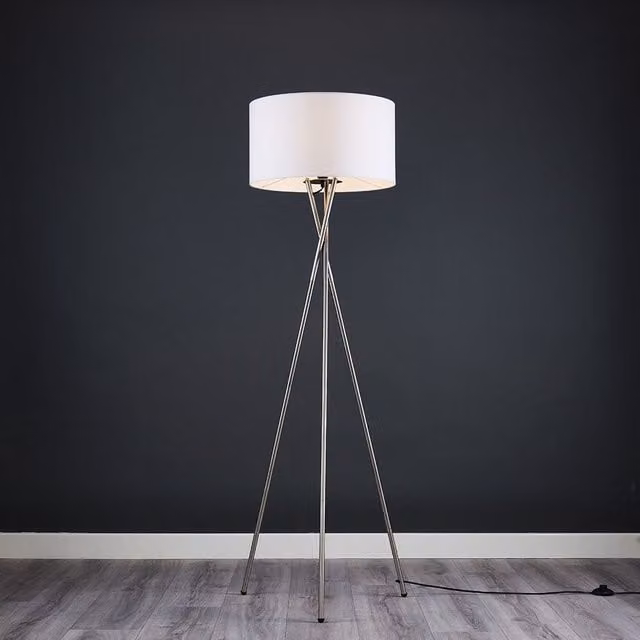ValueLights Camden Modern Brushed Chrome Metal Tripod Floor Lamp with White Fabric Cylinder Shade