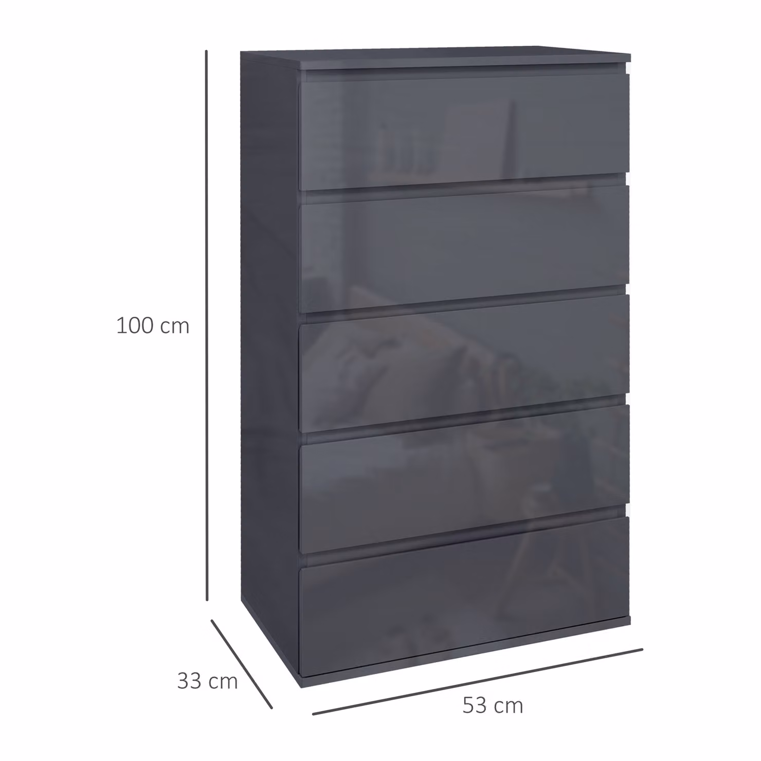 HOMCOM High Gloss 5-Drawer Chest of Drawers in Grey with Soft-Close Drawers – 2