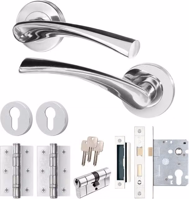 AFIT Chrome Door Handle Rose with Double Cylinder and Hinges, 1 Pair, Polished Silver, W/D/H: 15 x 15 x 1.5 cm – 1