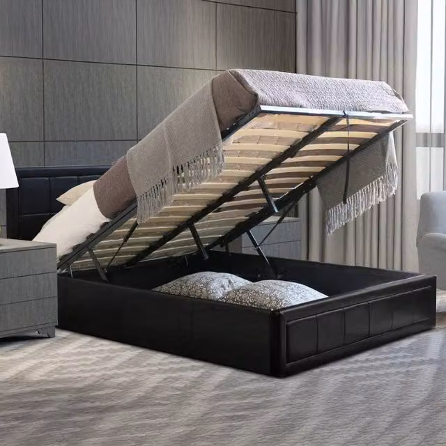Home Treats Bailey Black Upholstered Synthetic Leather Ottoman Storage Bed, W: 90 cm, L: 200 cm
