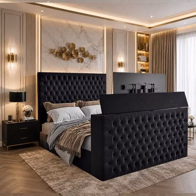 KDMD Angram Upholstered Soft Velvet TV Bed Frame in Black, Double, W/D/H: 140 x 200 cm